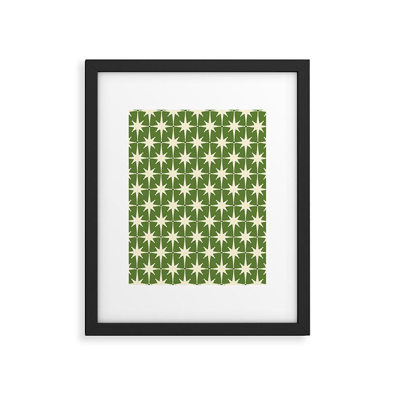 Atomic Age Starbursts - Midcentury Modern Pattern in Cream and Retro Green Framed Art Print Gallery Image 4