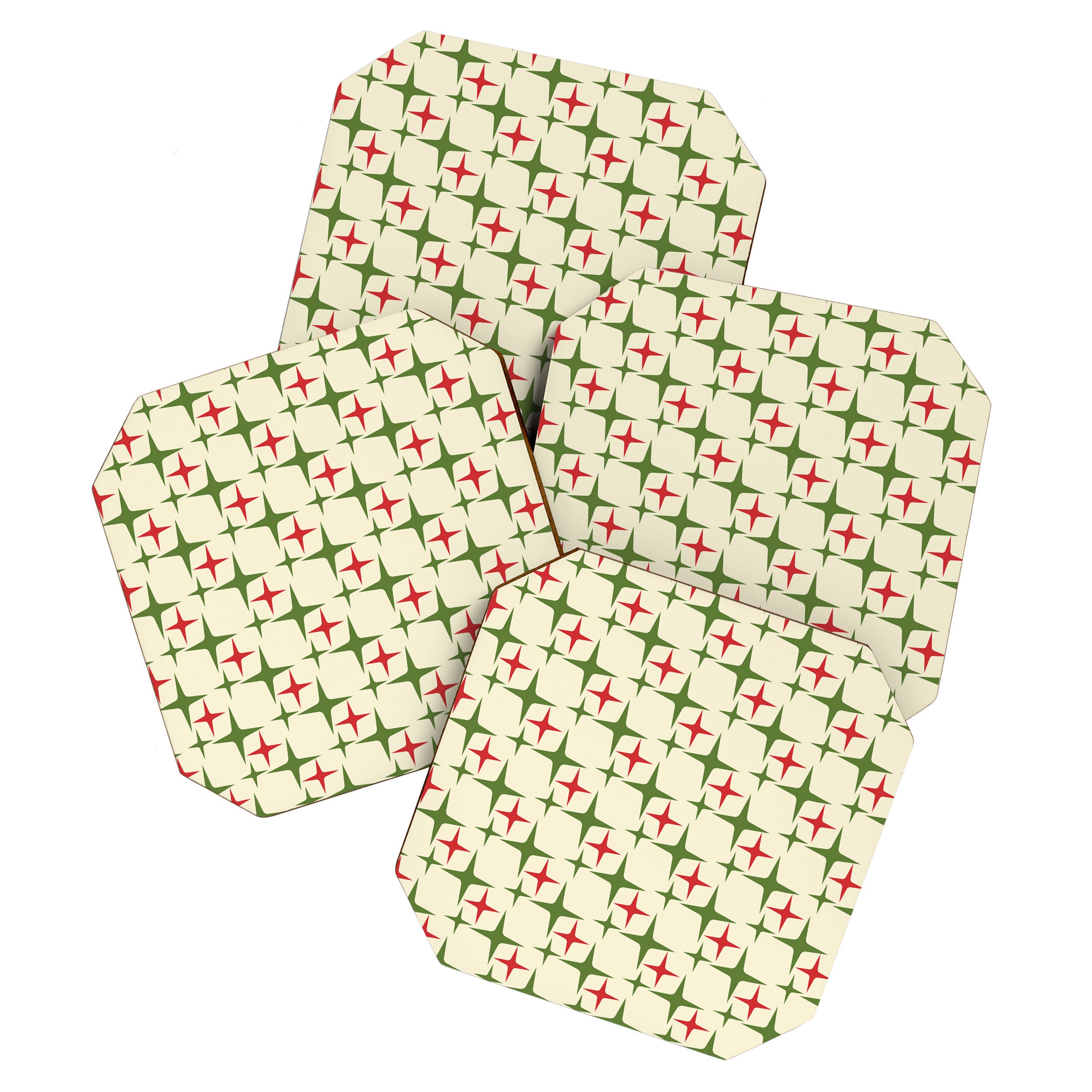 Atomic Christmas Mid Century Modern Stars Retro Xmas Red Green and Cream Pattern Coaster Gallery Image 1