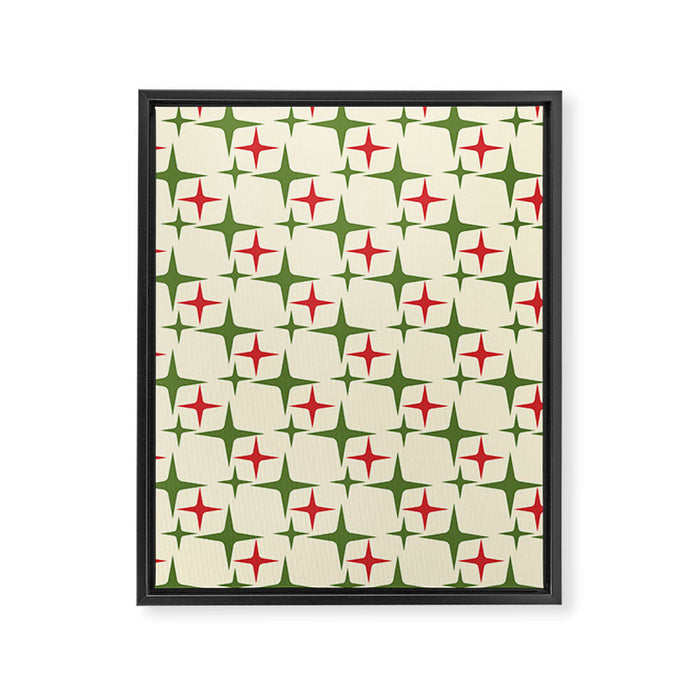 Atomic Christmas Mid Century Modern Stars Retro Xmas Red Green and Cream Pattern Framed Canvas Print Gallery Image 1