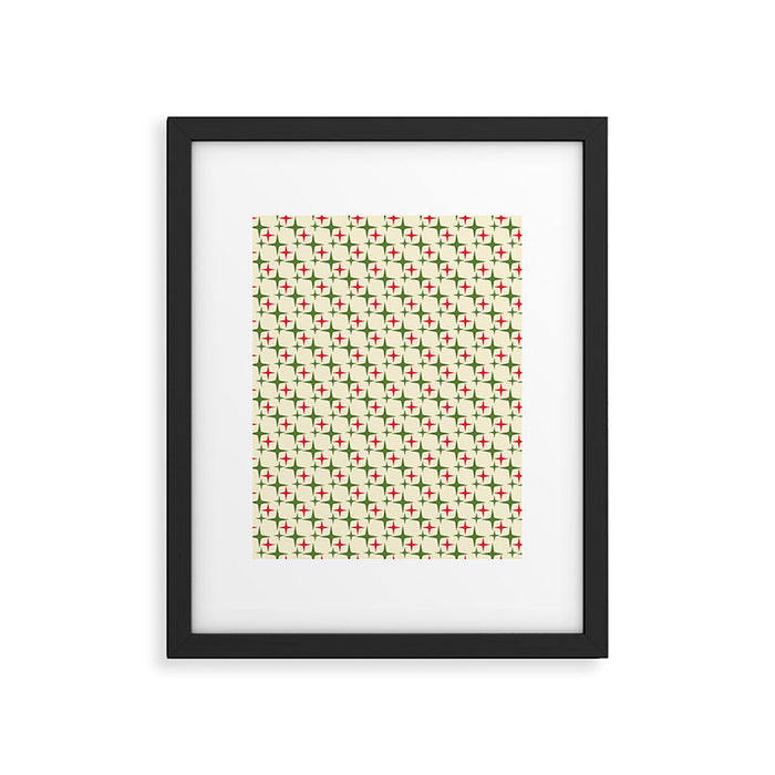 Atomic Christmas Mid Century Modern Stars Retro Xmas Red Green and Cream Small Pattern Framed Art Print Gallery Image 1
