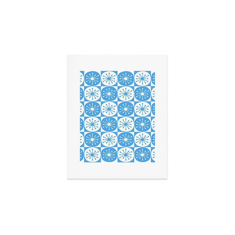 Atomic Dots Checkered Mid Century Modern Retro Blue and White Pattern Art Print Gallery Image 1