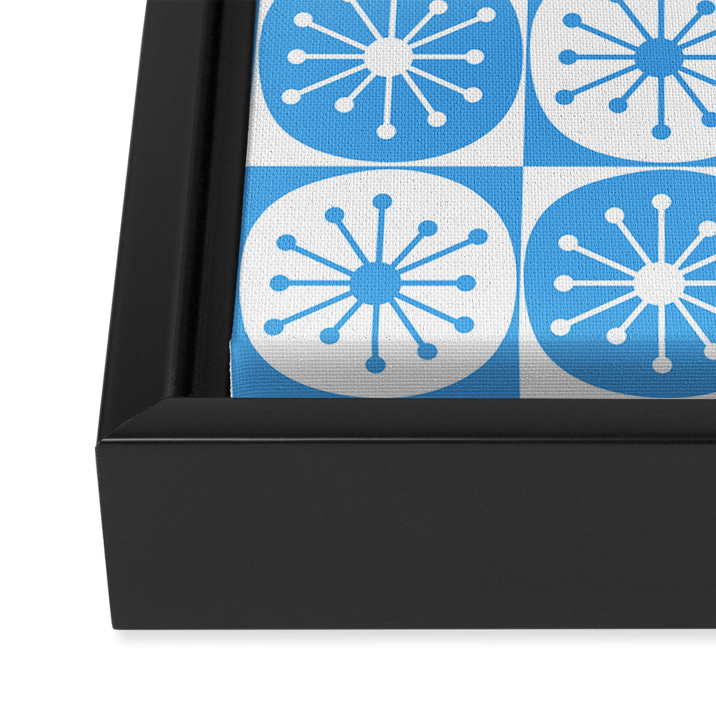 Atomic Dots Checkered Mid Century Modern Retro Blue and White Pattern Framed Canvas Print Gallery Image 3