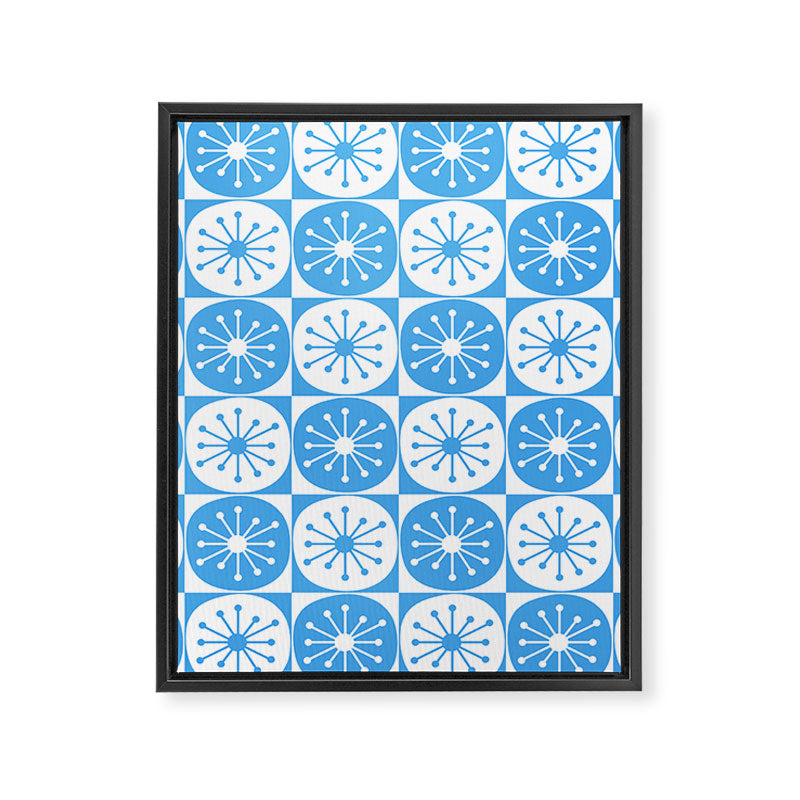 Atomic Dots Checkered Mid Century Modern Retro Blue and White Pattern Framed Canvas Print Gallery Image 8
