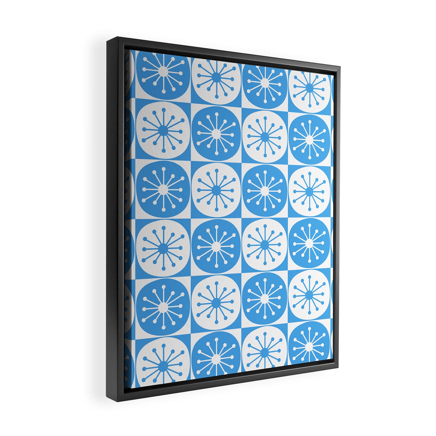Atomic Dots Checkered Mid Century Modern Retro Blue and White Pattern Framed Canvas Print Gallery Image 2