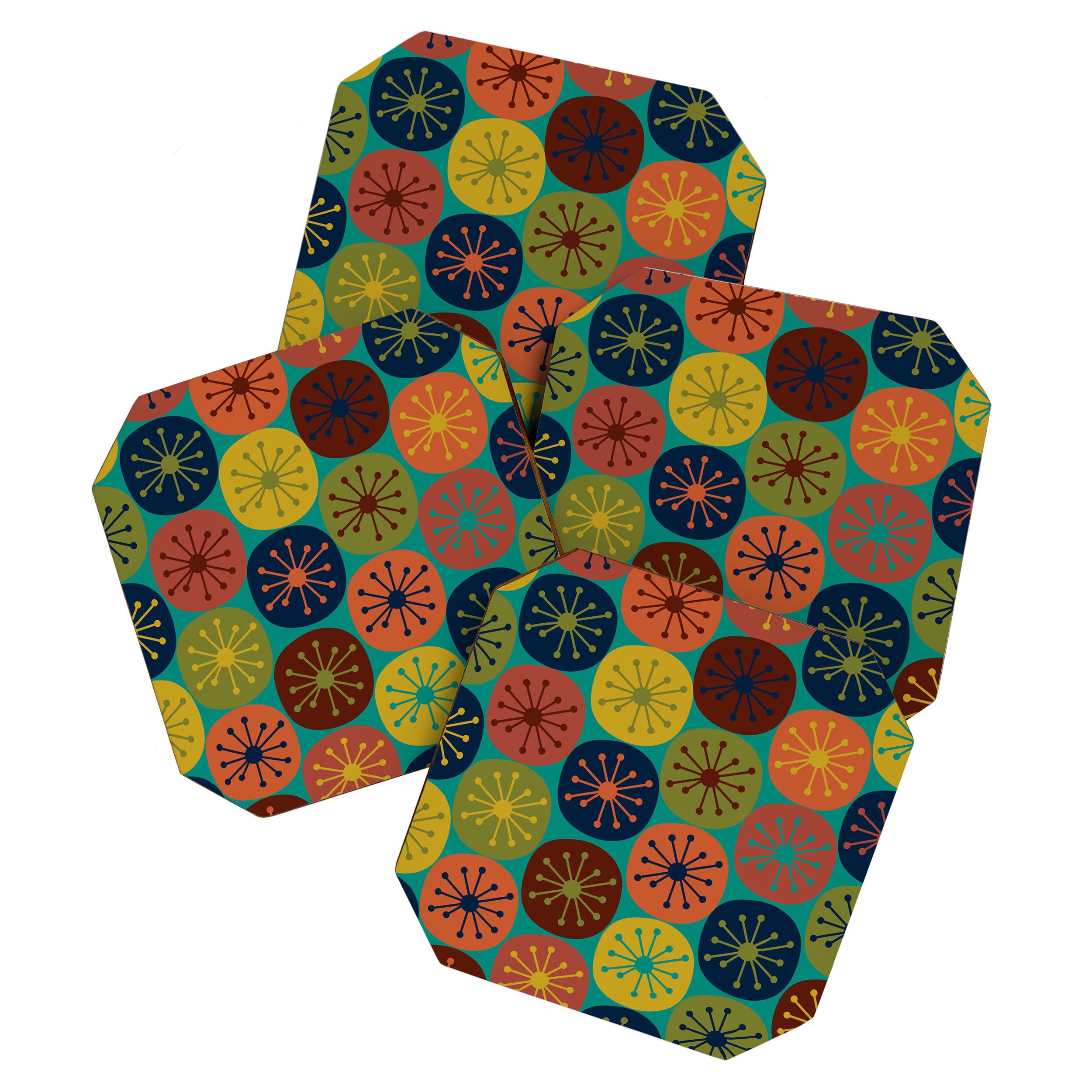 Atomic Dots Midcentury Modern Pattern in Mid Mod Mustard, Olive, Orange, Blue, and Turquoise Teal Coaster Gallery Image 1