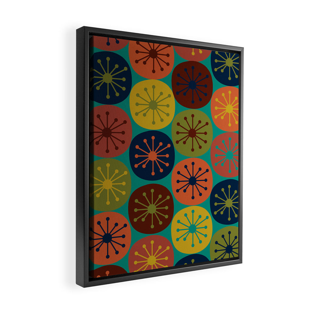 Atomic Dots Midcentury Modern Pattern in Mid Mod Mustard, Olive, Orange, Blue, and Turquoise Teal Framed Canvas Print Gallery Image 2