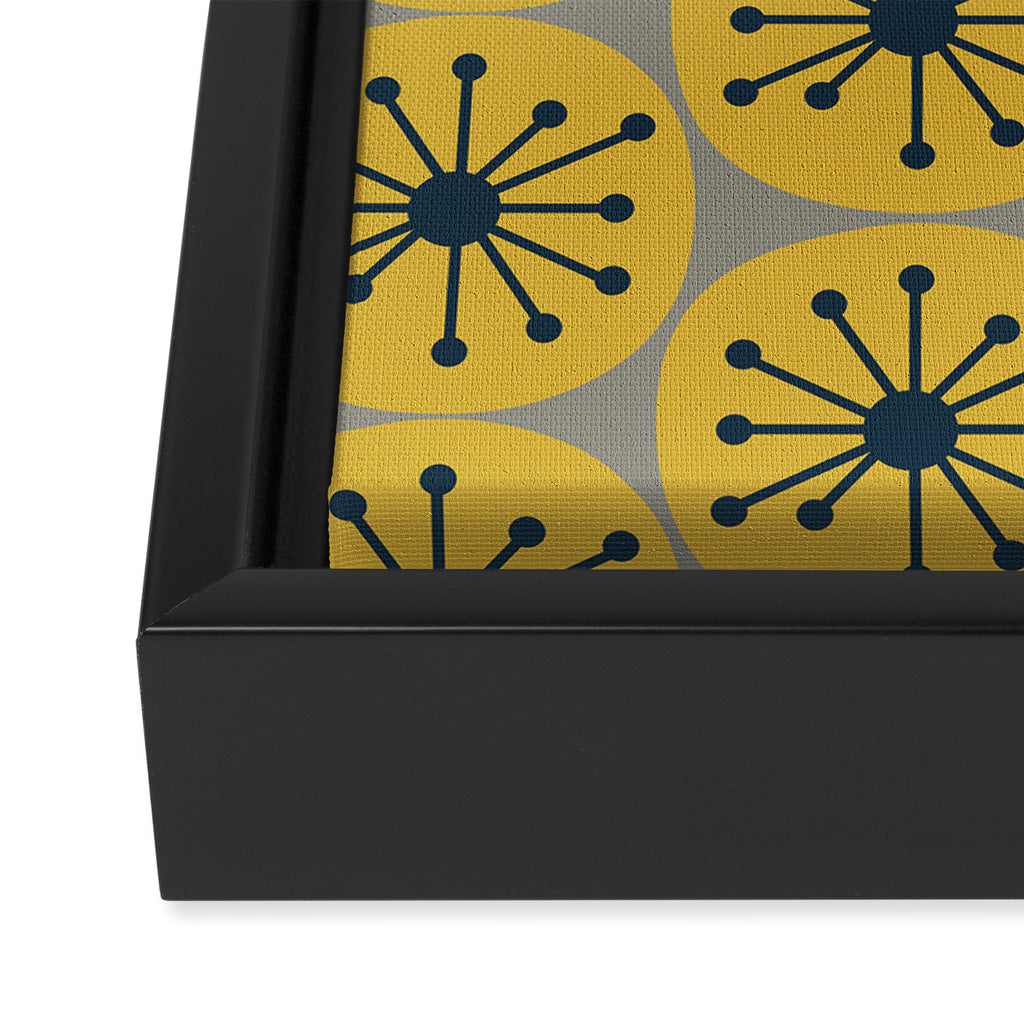 Atomic Dots Midcentury Modern Retro Pattern in Navy Blue, Light Mustard, and Gray Framed Canvas Print Gallery Image 3