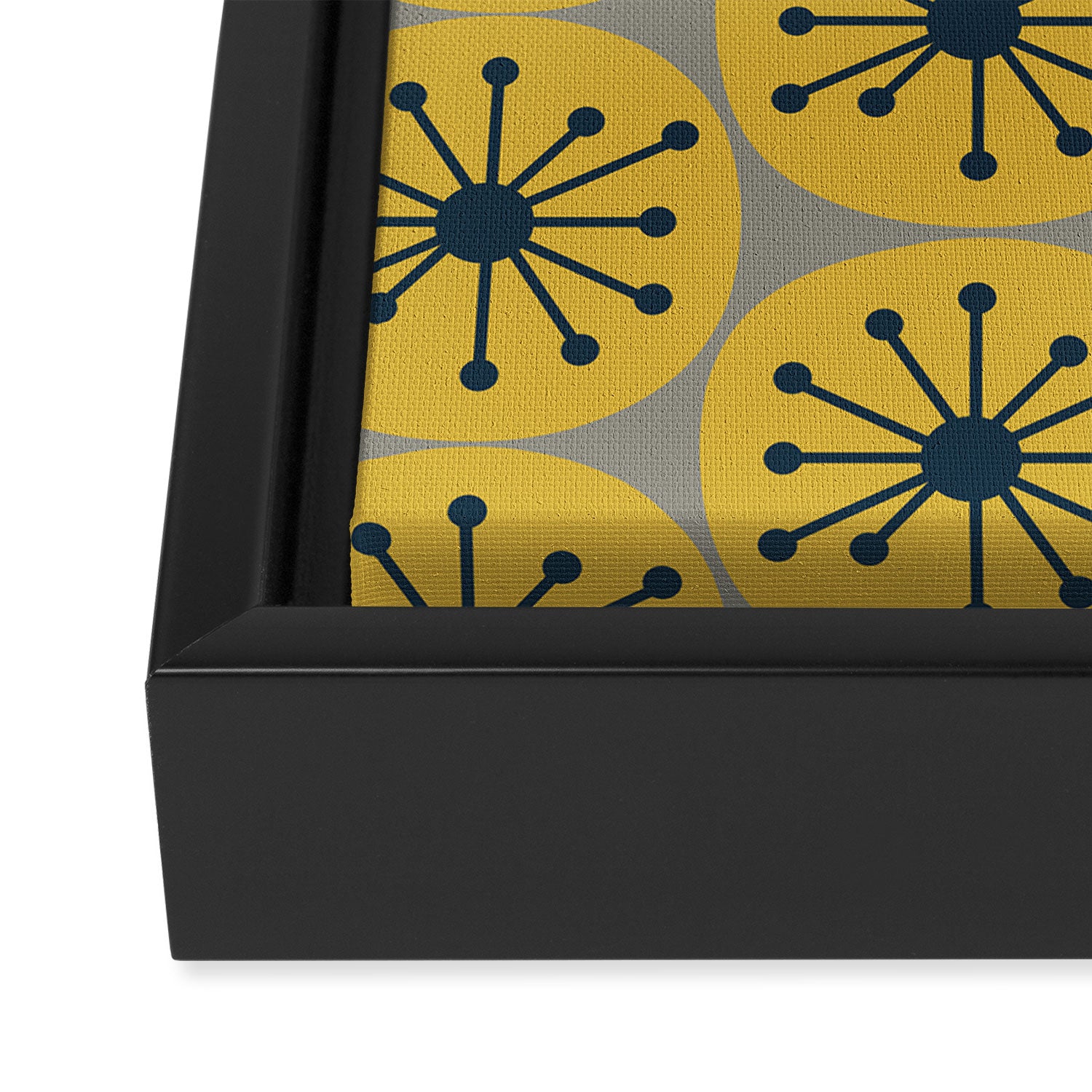 Atomic Dots Midcentury Modern Retro Pattern in Navy Blue, Light Mustard, and Gray Framed Canvas Print Gallery Image 3