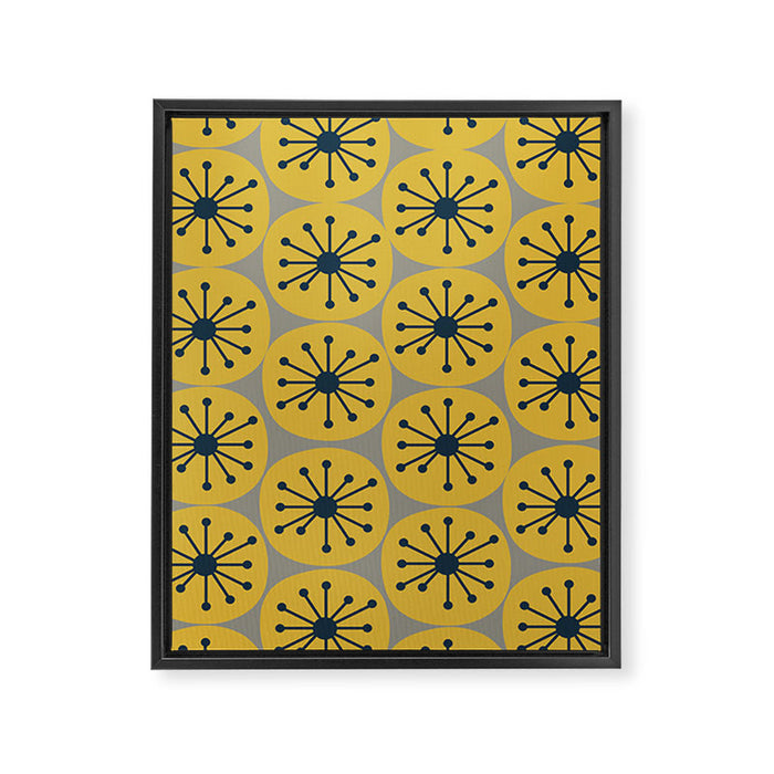 Atomic Dots Midcentury Modern Retro Pattern in Navy Blue, Light Mustard, and Gray Framed Canvas Print Gallery Image 1