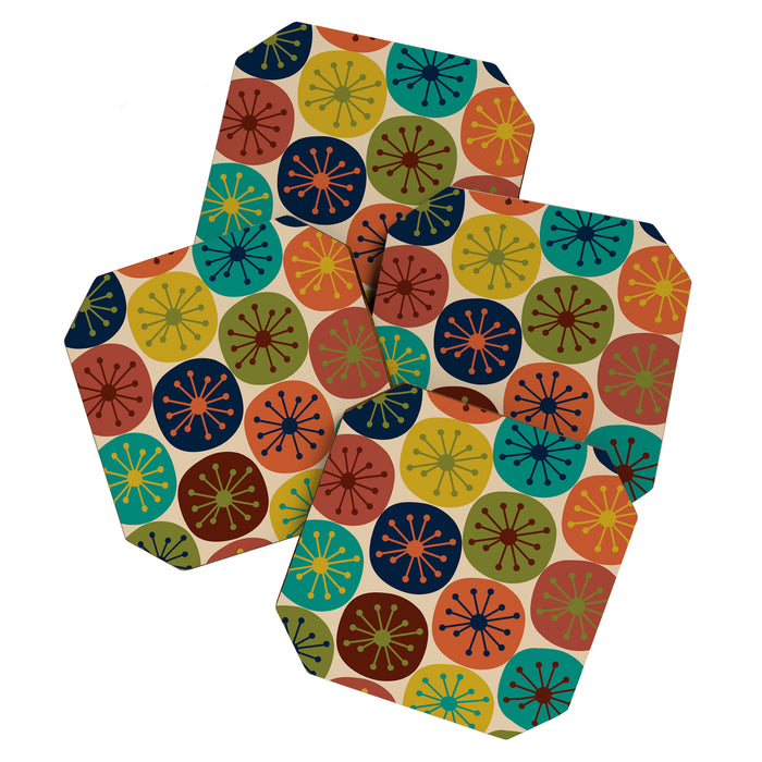 Atomic Dots Pattern in Mid Mod Teal, Orange, Olive, Blue, Mustard, and Beige Coaster Gallery Image 1