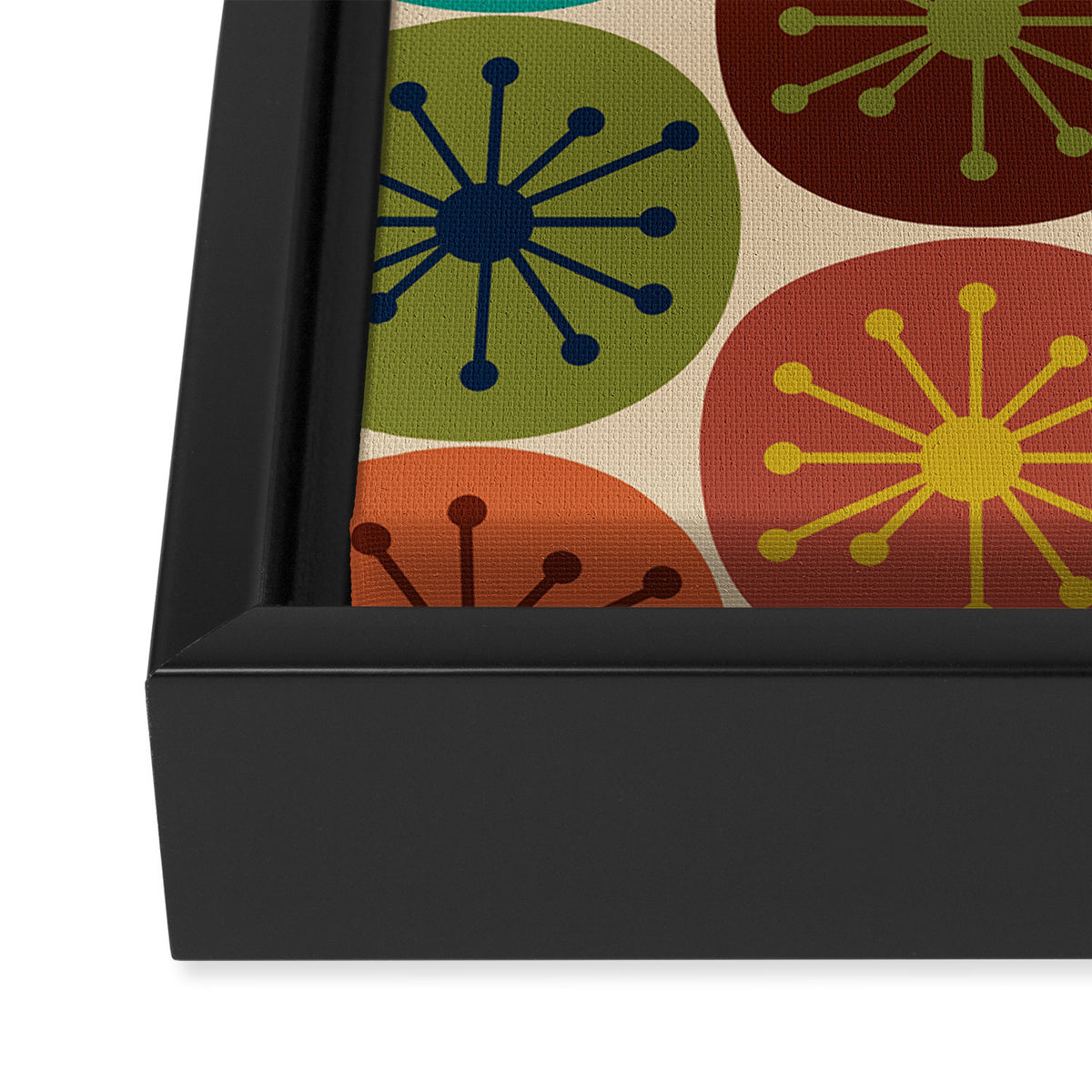 Atomic Dots Pattern in Mid Mod Teal, Orange, Olive, Blue, Mustard, and Beige Framed Canvas Print Gallery Image 3