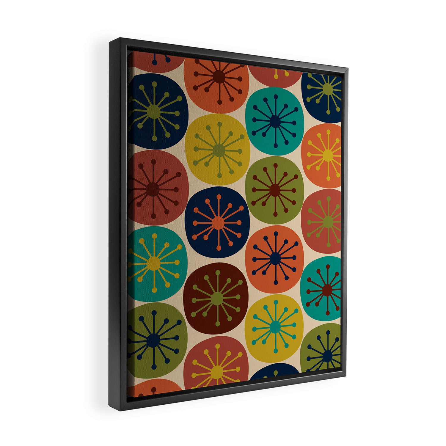 Atomic Dots Pattern in Mid Mod Teal, Orange, Olive, Blue, Mustard, and Beige Framed Canvas Print Gallery Image 2