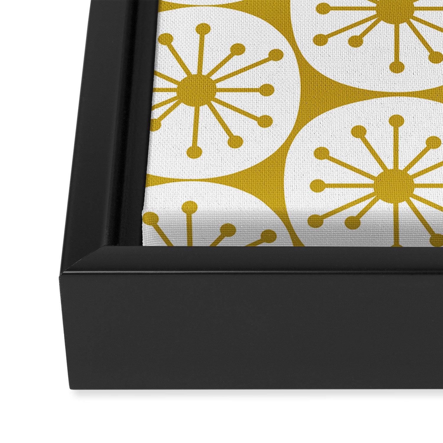 Atomic Dots Retro Geo Pattern in Mid Mod Mustard and White Framed Canvas Print Gallery Image 3