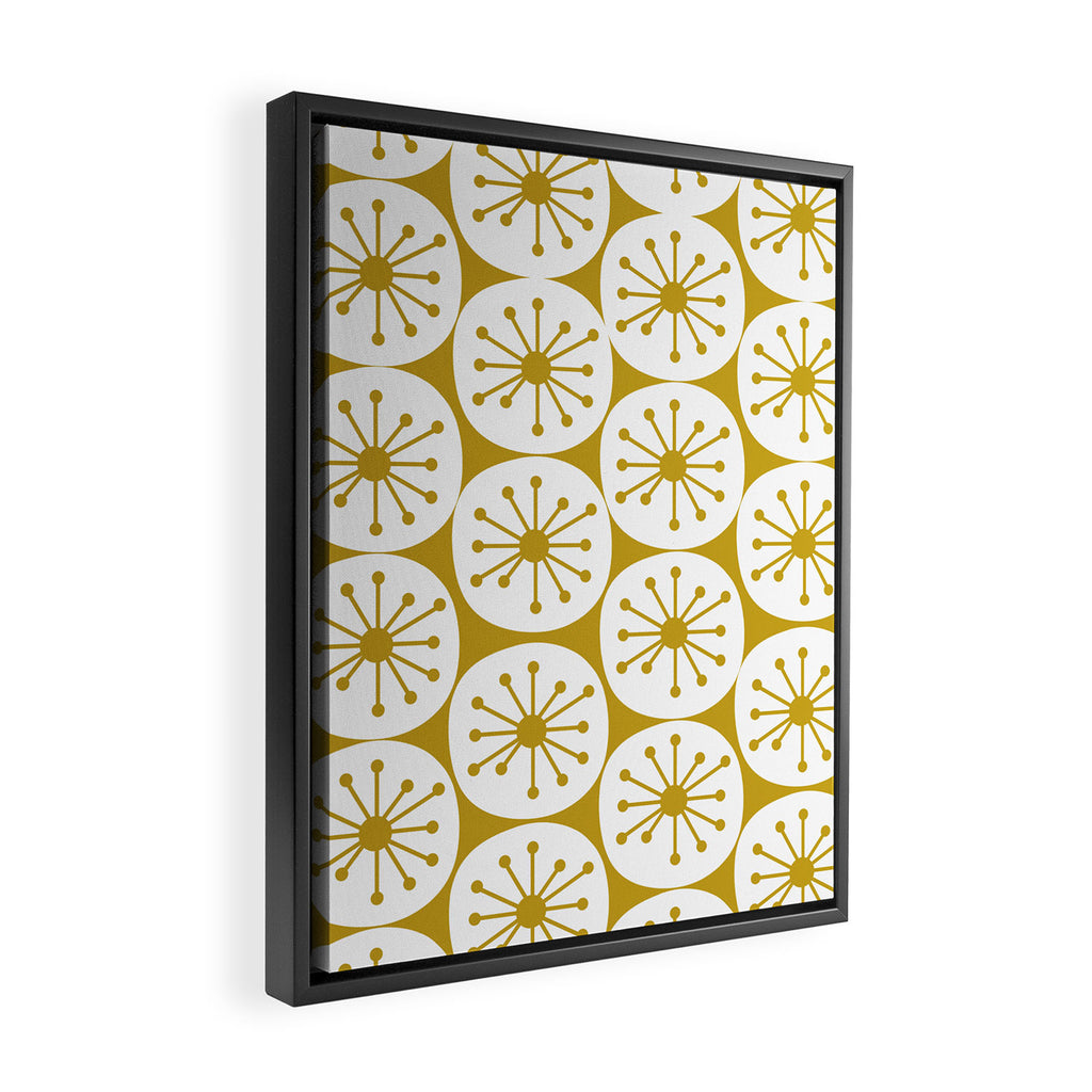 Atomic Dots Retro Geo Pattern in Mid Mod Mustard and White Framed Canvas Print Gallery Image 2