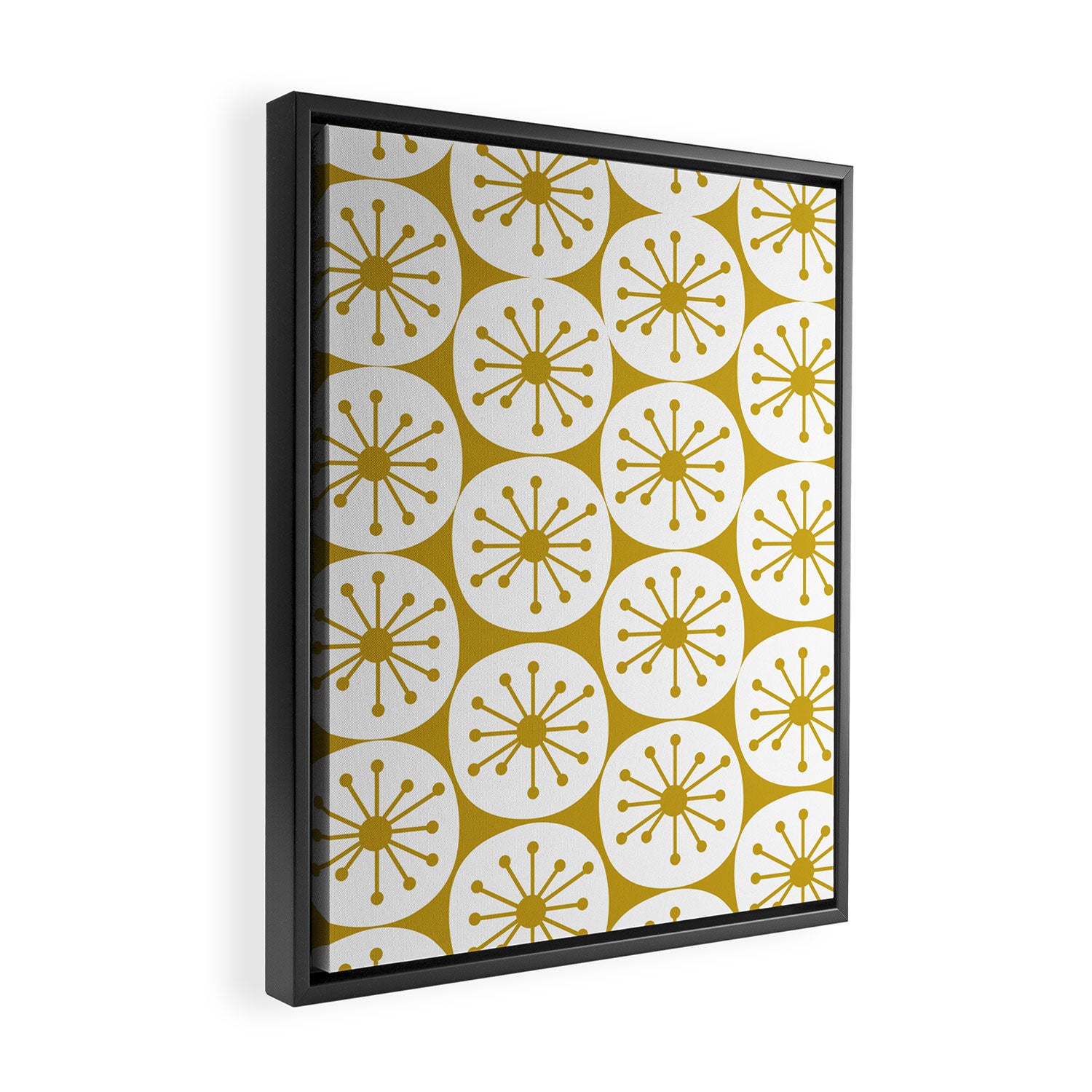 Atomic Dots Retro Geo Pattern in Mid Mod Mustard and White Framed Canvas Print Gallery Image 2