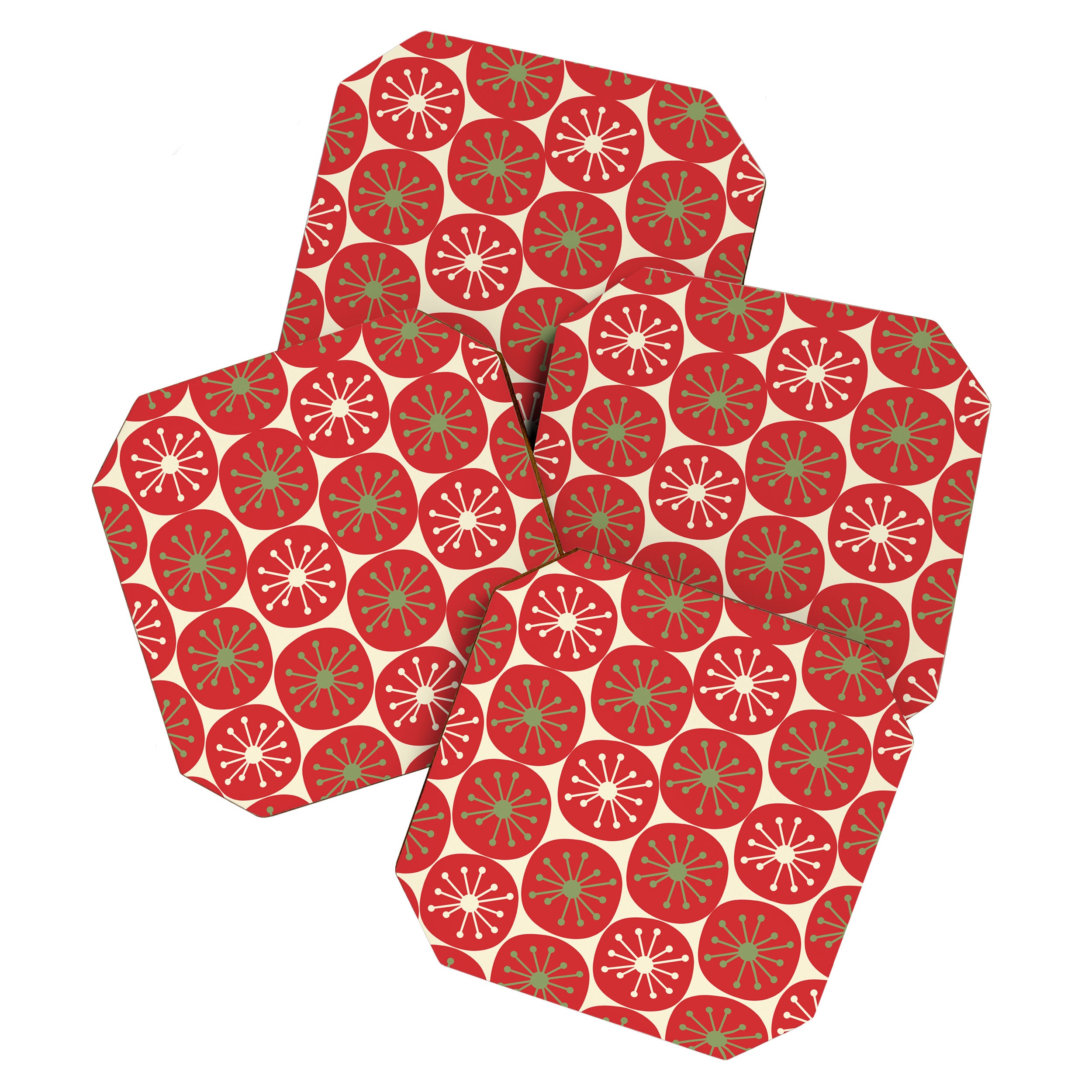 Atomic Dots Retro Mid-century Christmas Pattern in Light Olive Green, Red, and Cream Coaster Gallery Image 1