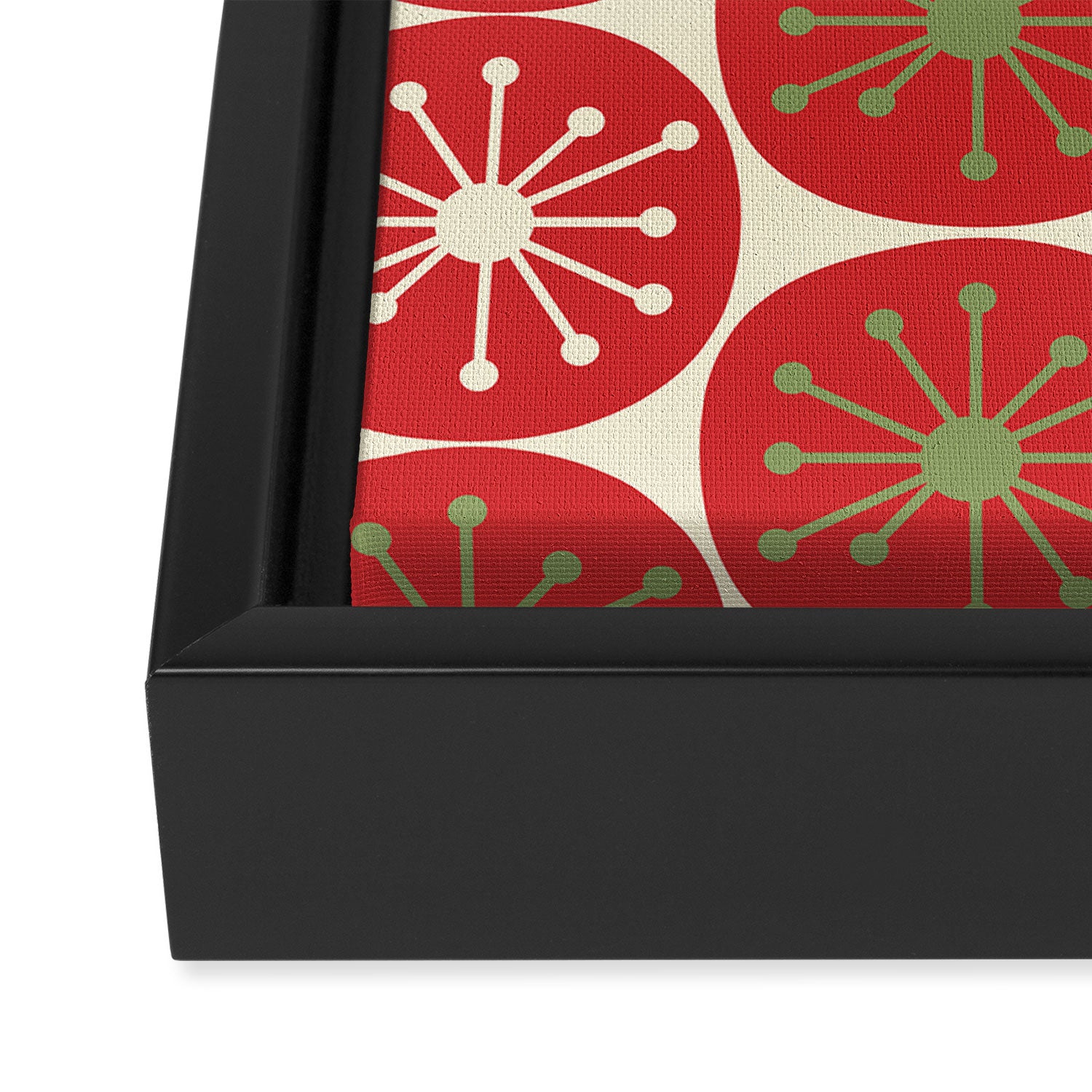 Atomic Dots Retro Mid-century Christmas Pattern in Light Olive Green, Red, and Cream Framed Canvas Print Gallery Image 3