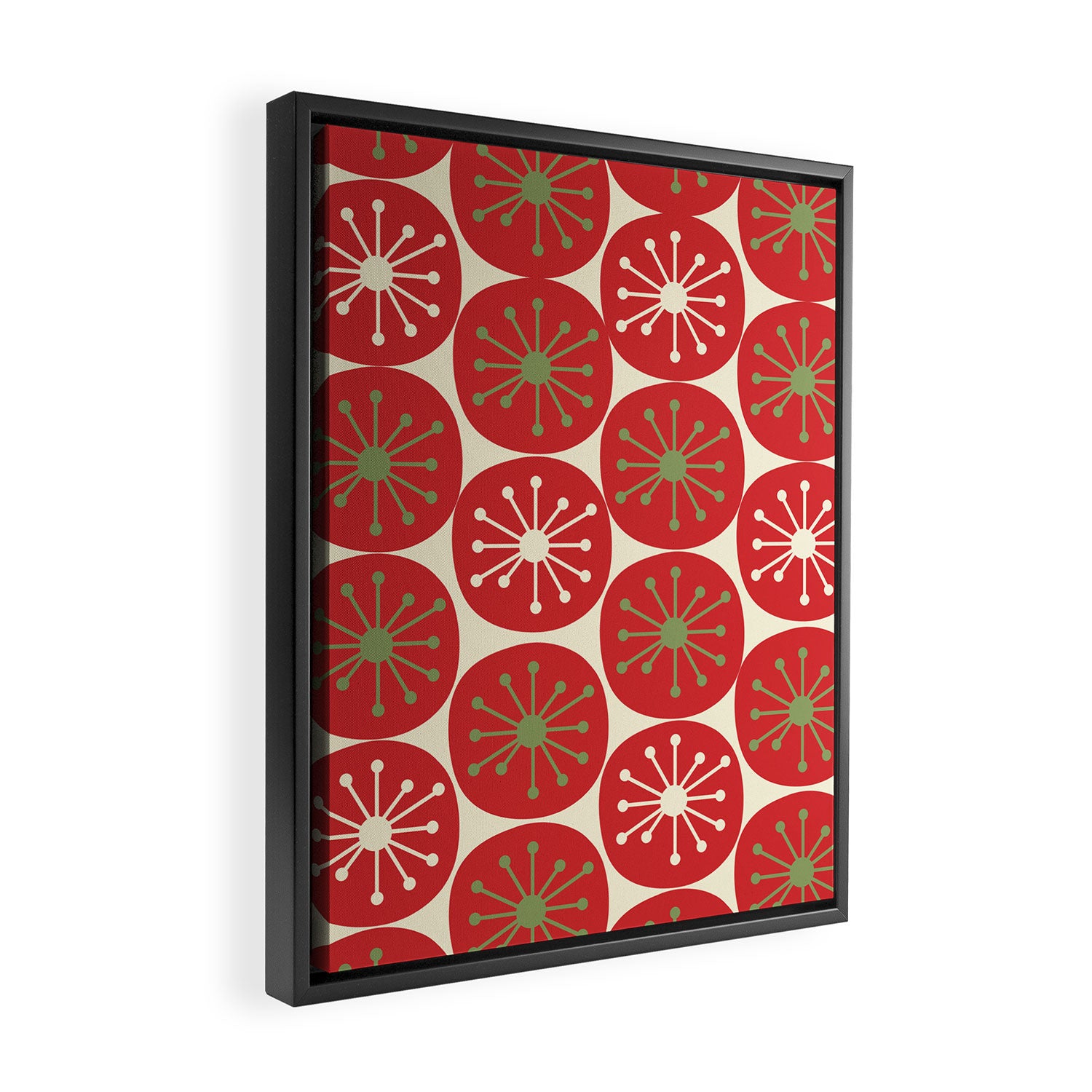 Atomic Dots Retro Mid-century Christmas Pattern in Light Olive Green, Red, and Cream Framed Canvas Print Gallery Image 2