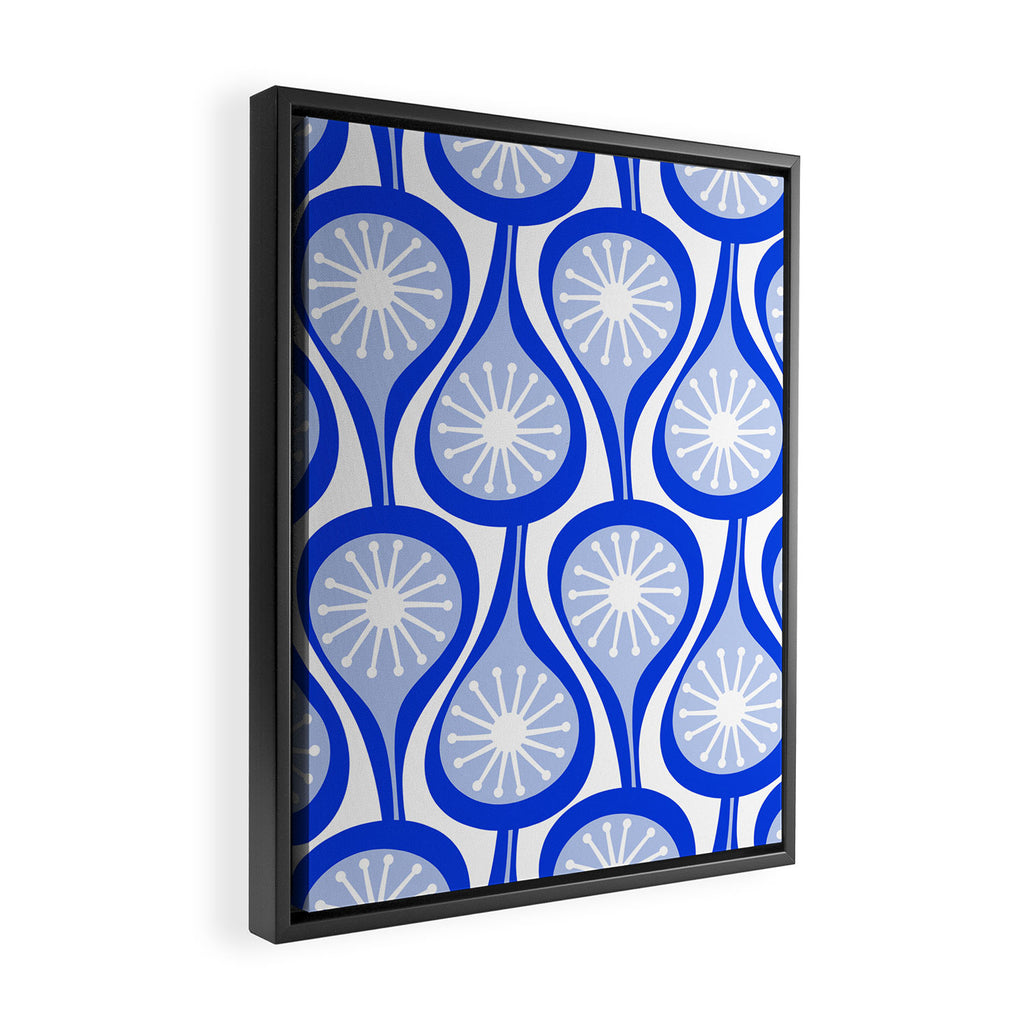 Atomic Drops Mid Century Modern Pattern Royal Blue Light Blue White Framed Canvas Print Gallery Image 2