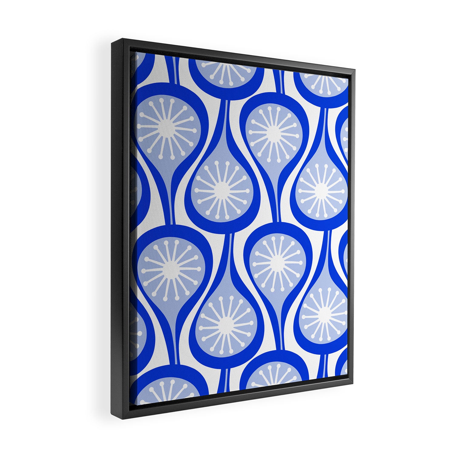 Atomic Drops Mid Century Modern Pattern Royal Blue Light Blue White Framed Canvas Print Gallery Image 2