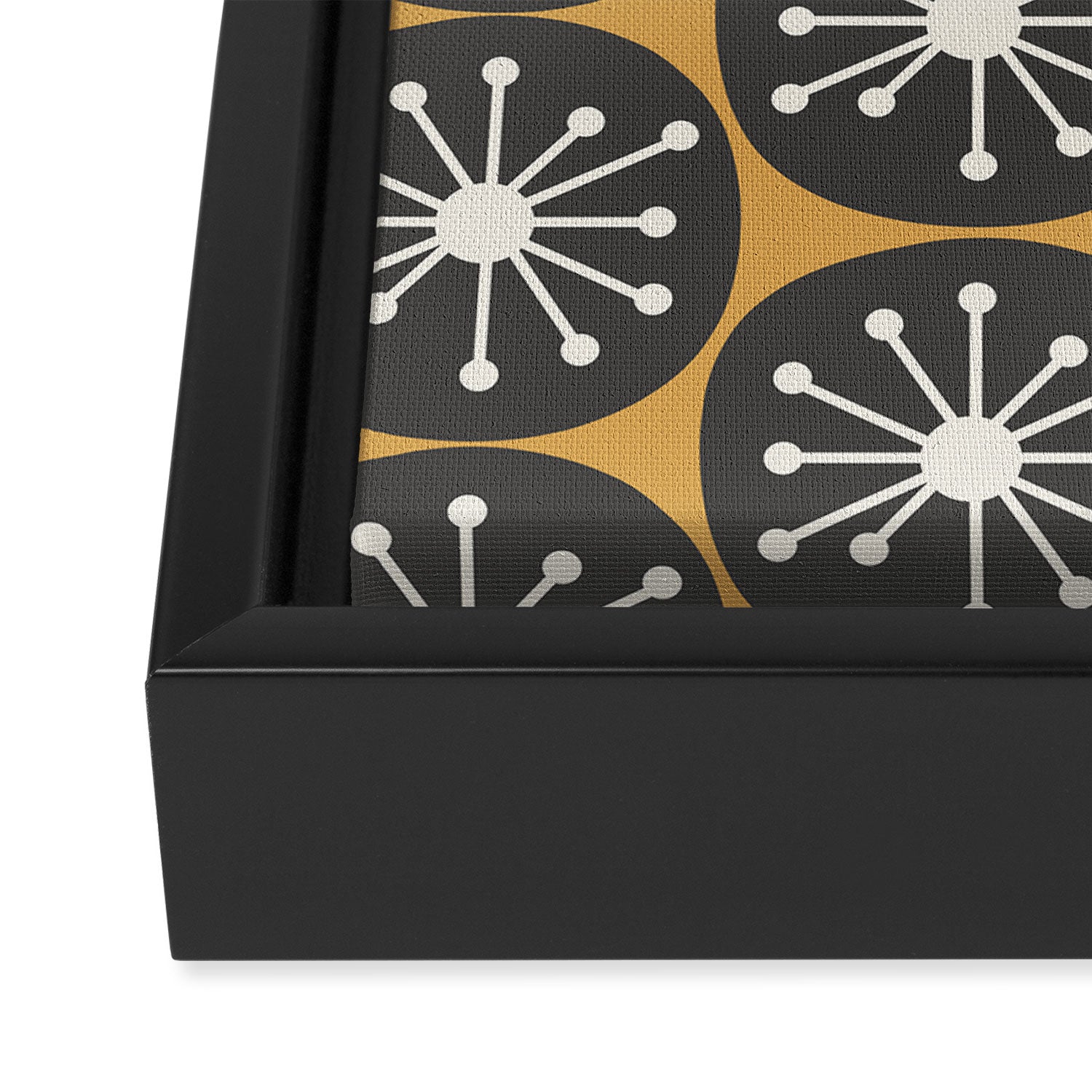 Atomic Retro Dots Midcentury Modern Pattern Muted Mustard Gold, Charcoal Grey, and Cream Framed Canvas Print Gallery Image 3