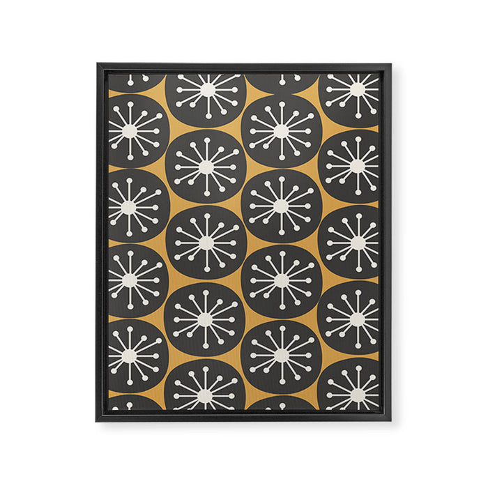 Atomic Retro Dots Midcentury Modern Pattern Muted Mustard Gold, Charcoal Grey, and Cream Framed Canvas Print Gallery Image 1
