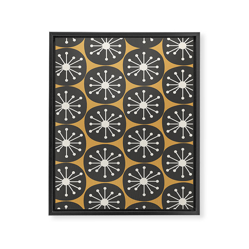 Atomic Retro Dots Midcentury Modern Pattern Muted Mustard Gold, Charcoal Grey, and Cream Framed Canvas Print Gallery Image 6