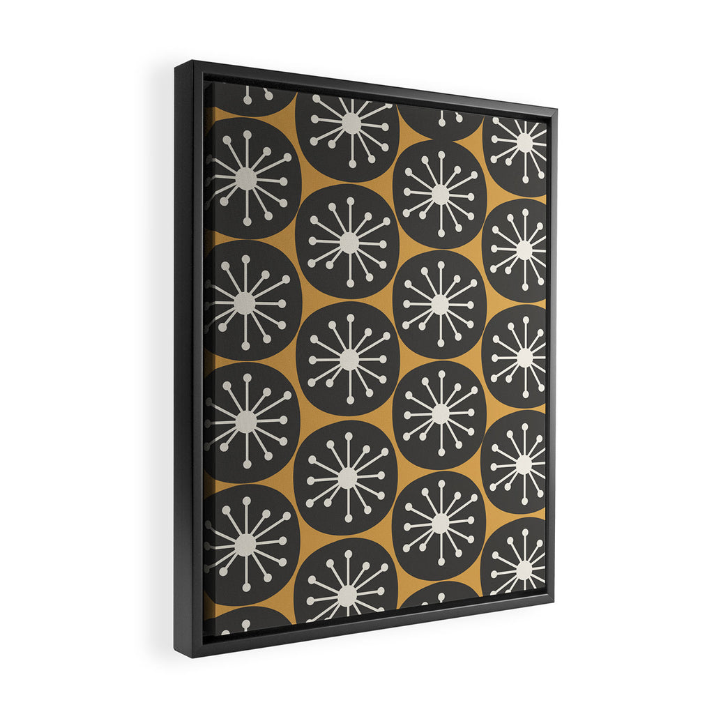 Atomic Retro Dots Midcentury Modern Pattern Muted Mustard Gold, Charcoal Grey, and Cream Framed Canvas Print Gallery Image 2