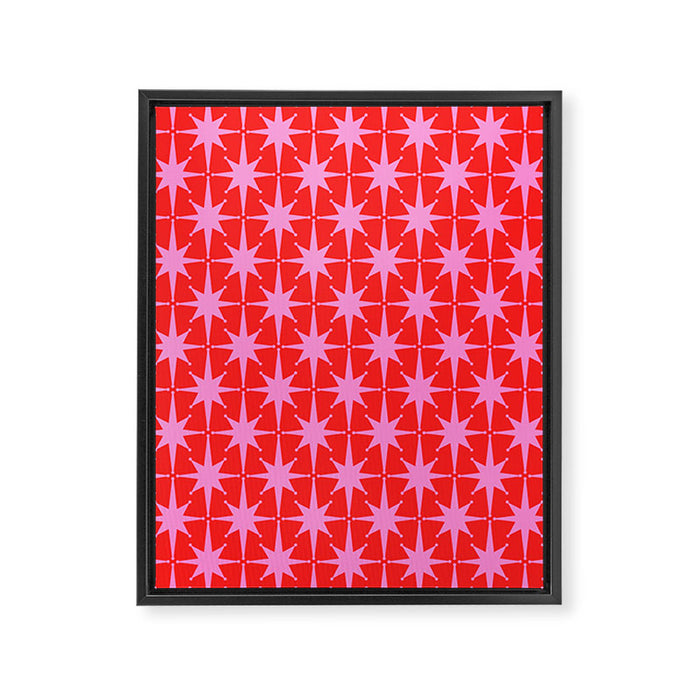 Atomic Stars Mid Century Modern Pattern in Preppy Pink and Red Framed Canvas Print Gallery Image 1