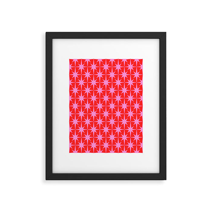 Atomic Stars Mid Century Modern Pattern in Preppy Pink and Red Framed Art Print Gallery Image 1