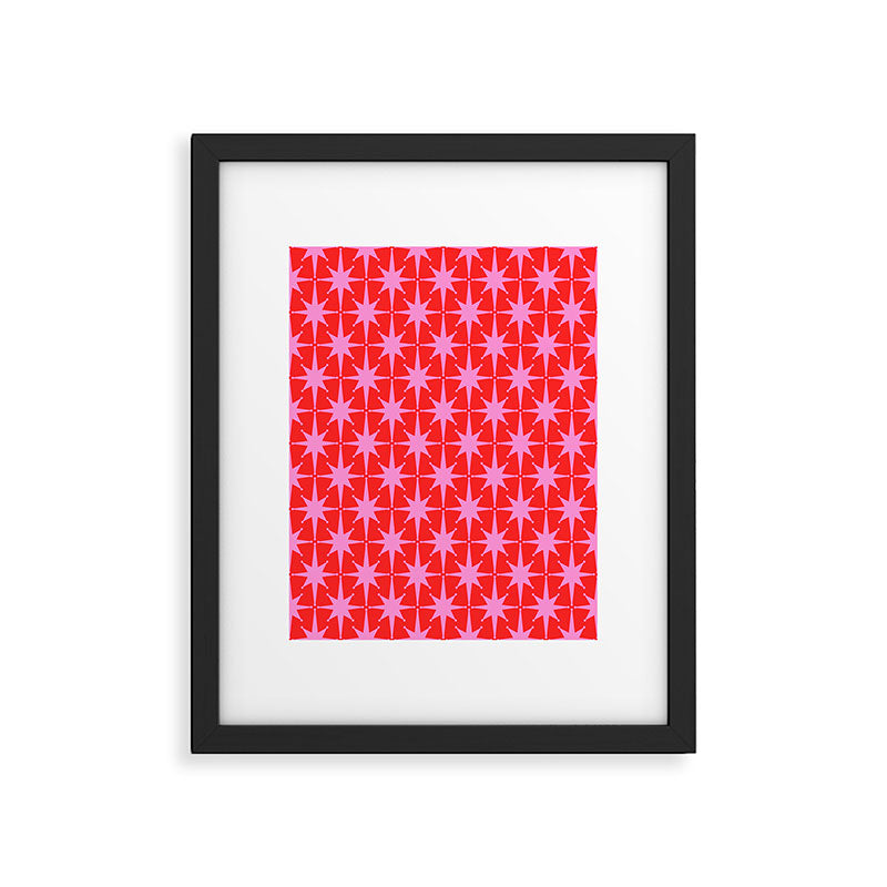 Atomic Stars Mid Century Modern Pattern in Preppy Pink and Red Framed Art Print Gallery Image 5