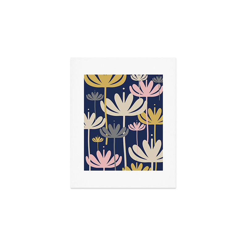 Bali Flowers Abstract Floral Pattern in Mustard, Pink, Gray, and Navy Blue Art Print Gallery Image 1