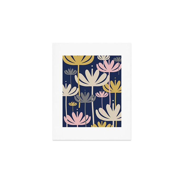 Bali Flowers Abstract Floral Pattern in Mustard, Pink, Gray, and Navy Blue Art Print Gallery Image 1