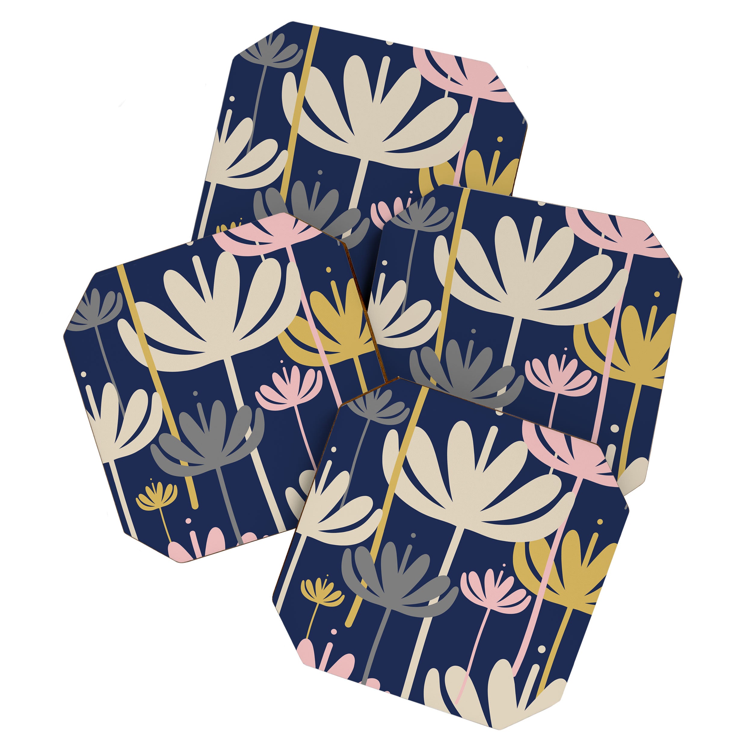 Bali Flowers Abstract Floral Pattern in Mustard, Pink, Gray, and Navy Blue Coaster Gallery Image 1