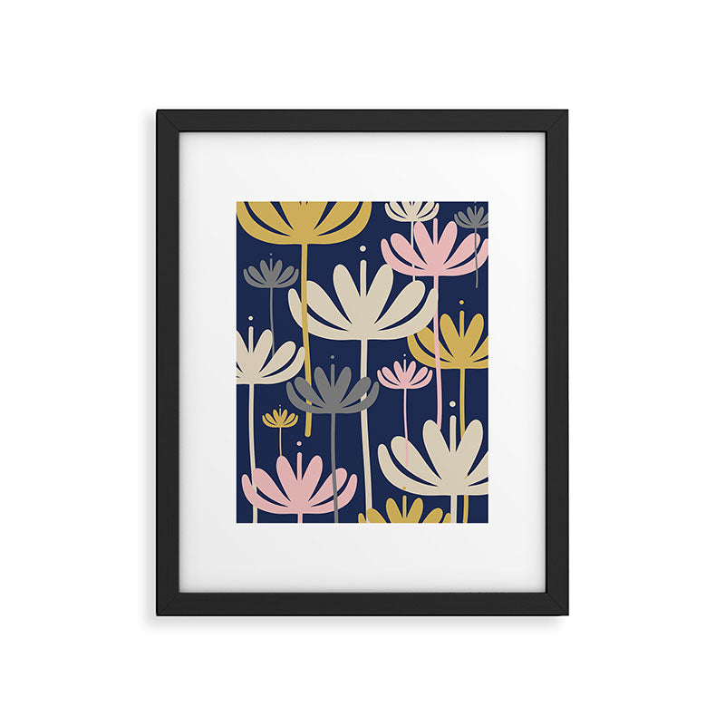 Bali Flowers Abstract Floral Pattern in Mustard, Pink, Gray, and Navy Blue Framed Art Print Gallery Image 5