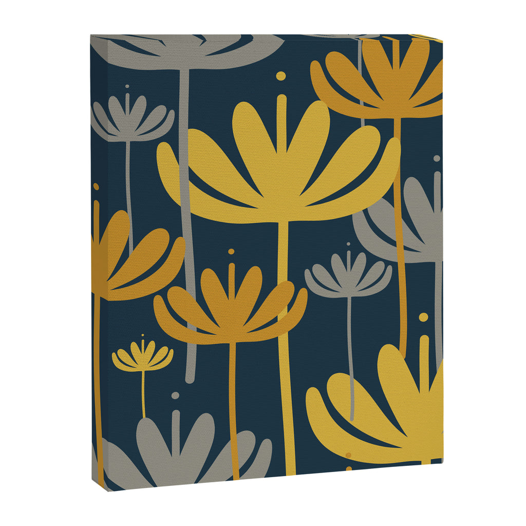 Bali Flowers Floral Pattern in Mustard, Gray, and Navy Blue Canvas Print Gallery Image 6