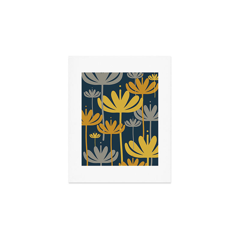 Bali Flowers Floral Pattern in Mustard, Gray, and Navy Blue Art Print Gallery Image 1