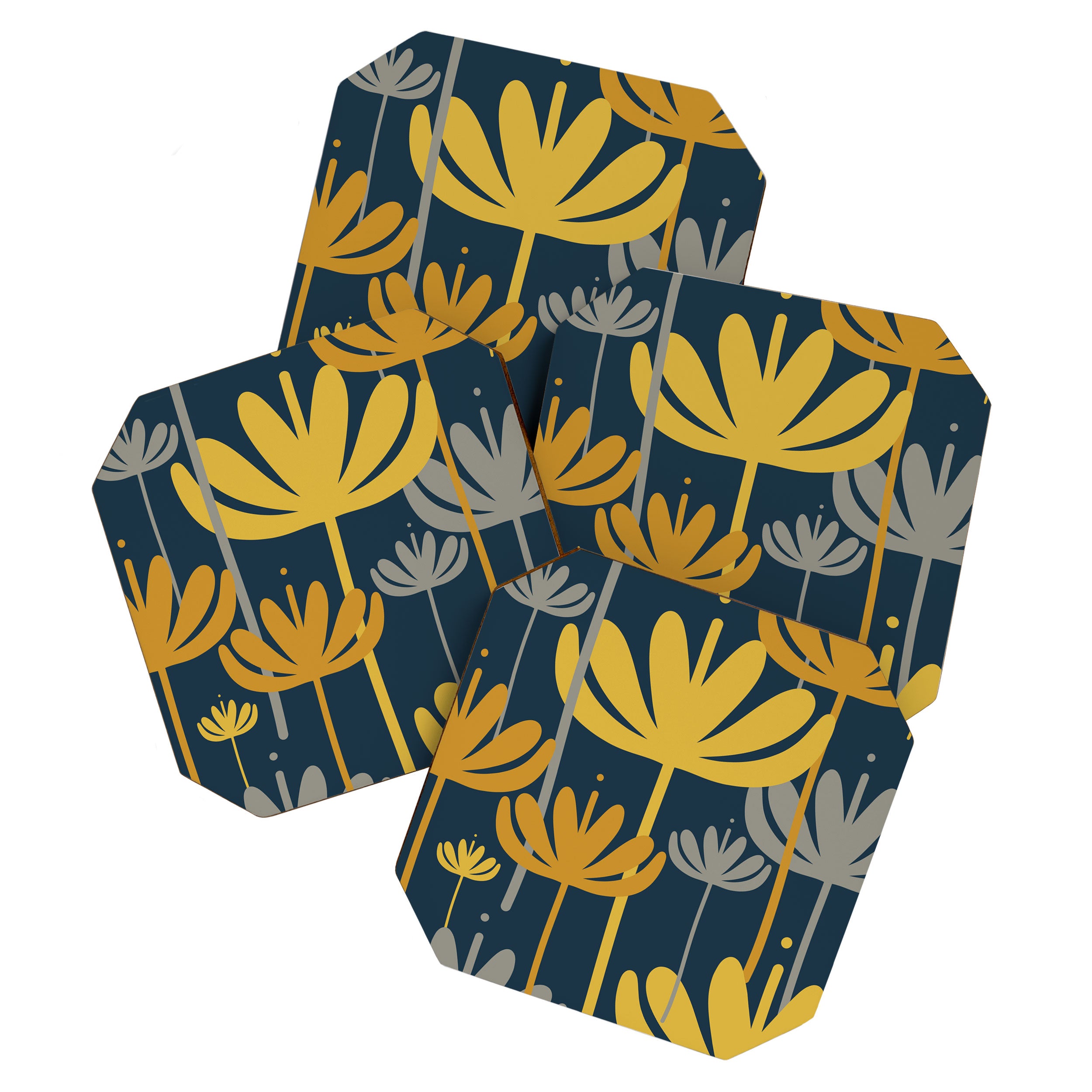 Bali Flowers Floral Pattern in Mustard, Gray, and Navy Blue Coaster Gallery Image 1