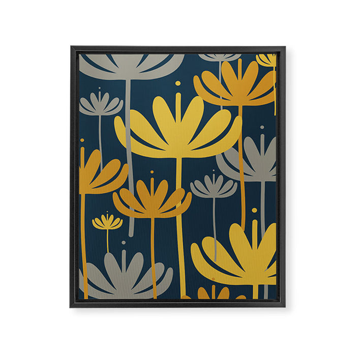 Bali Flowers Floral Pattern in Mustard, Gray, and Navy Blue Framed Canvas Print Gallery Image 1