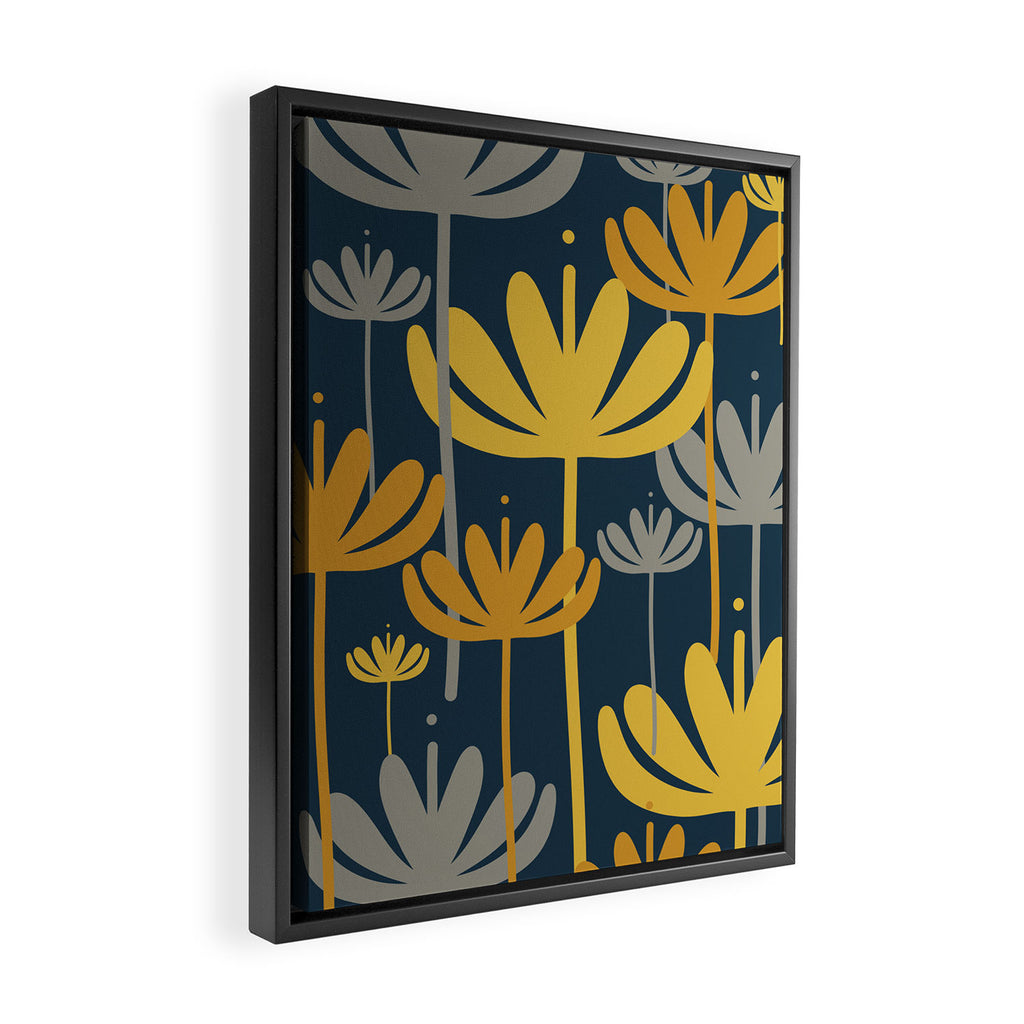 Bali Flowers Floral Pattern in Mustard, Gray, and Navy Blue Framed Canvas Print Gallery Image 2