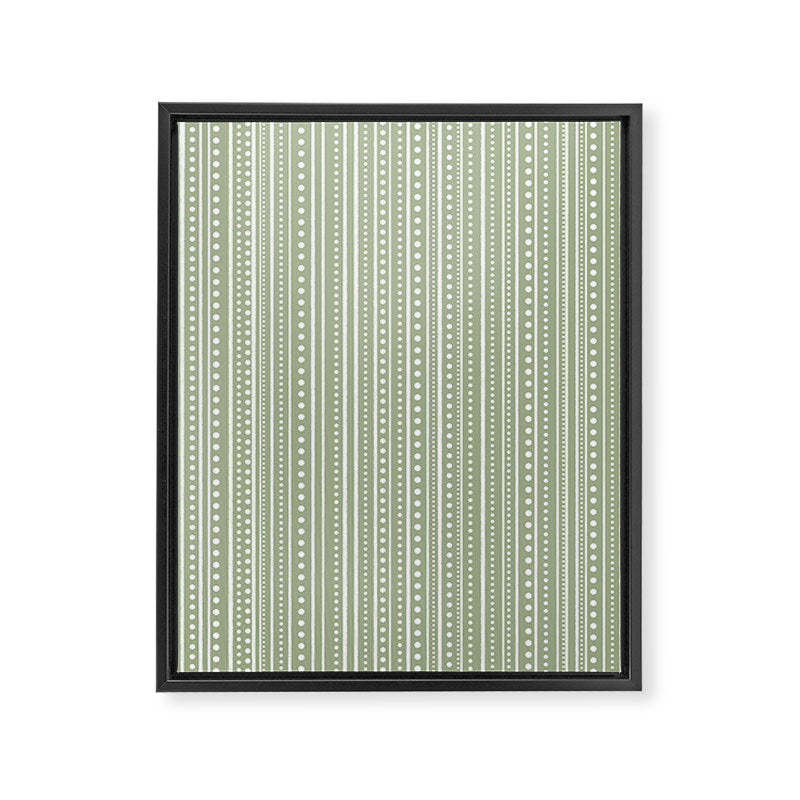 Bamako Textured Stripes and Dots Vertical Pattern in Light Sage Green and White Framed Canvas Print Gallery Image 8