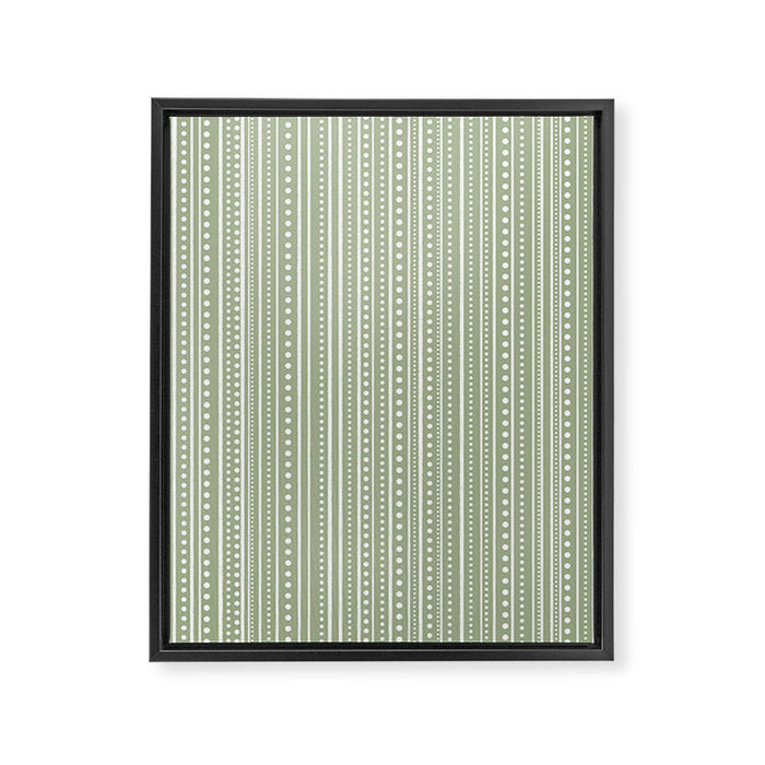 Bamako Textured Stripes and Dots Vertical Pattern in Light Sage Green and White Framed Canvas Print Gallery Image 1
