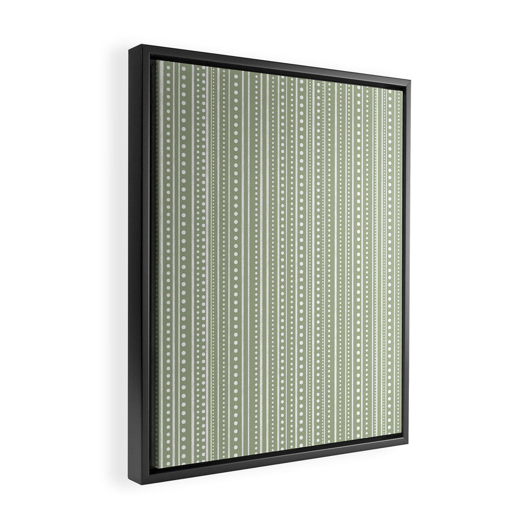 Bamako Textured Stripes and Dots Vertical Pattern in Light Sage Green and White Framed Canvas Print Gallery Image 2