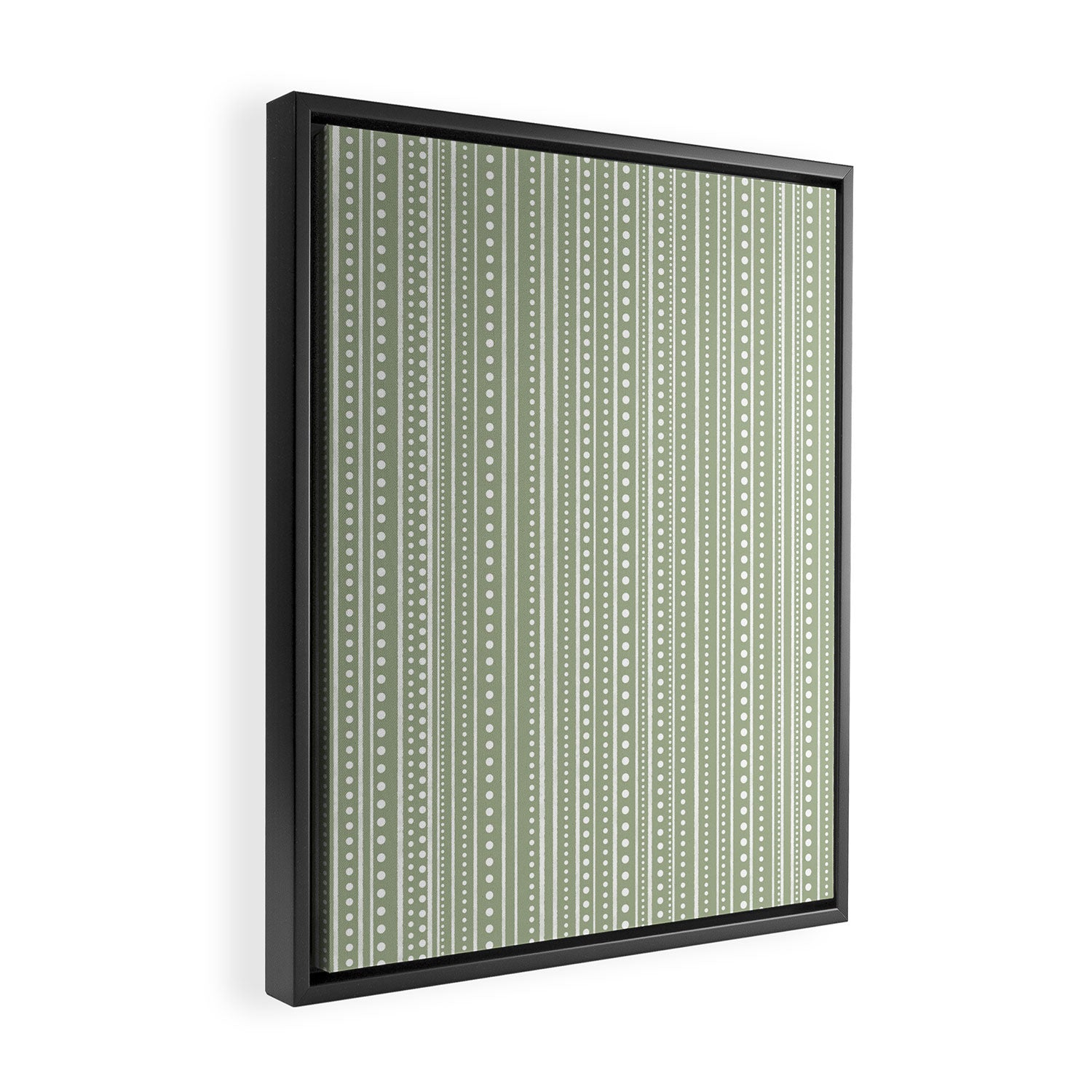 Bamako Textured Stripes and Dots Vertical Pattern in Light Sage Green and White Framed Canvas Print Gallery Image 2