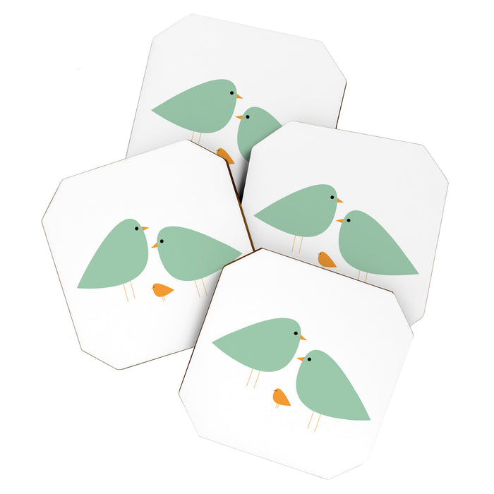 Bird Family in Celadon and Mustard on White. Minimalist Midcentury Scandinavian Coaster Gallery Image 1