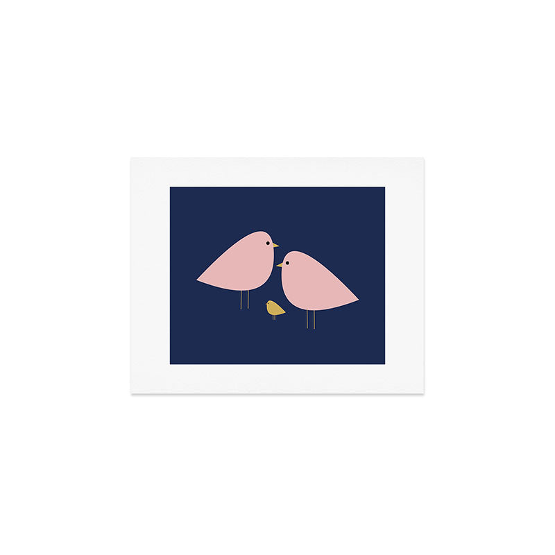 Bird Family in Pink, Navy Blue, and Mustard -  Minimalist Scandinavian Mid-Century Modern Design Art Print Gallery Image 1