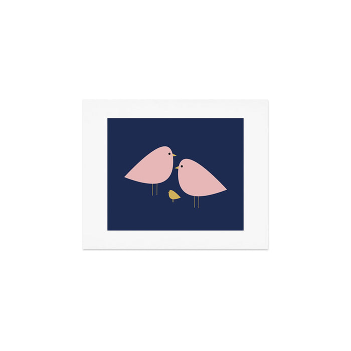 Bird Family in Pink, Navy Blue, and Mustard -  Minimalist Scandinavian Mid-Century Modern Design Art Print Gallery Image 1