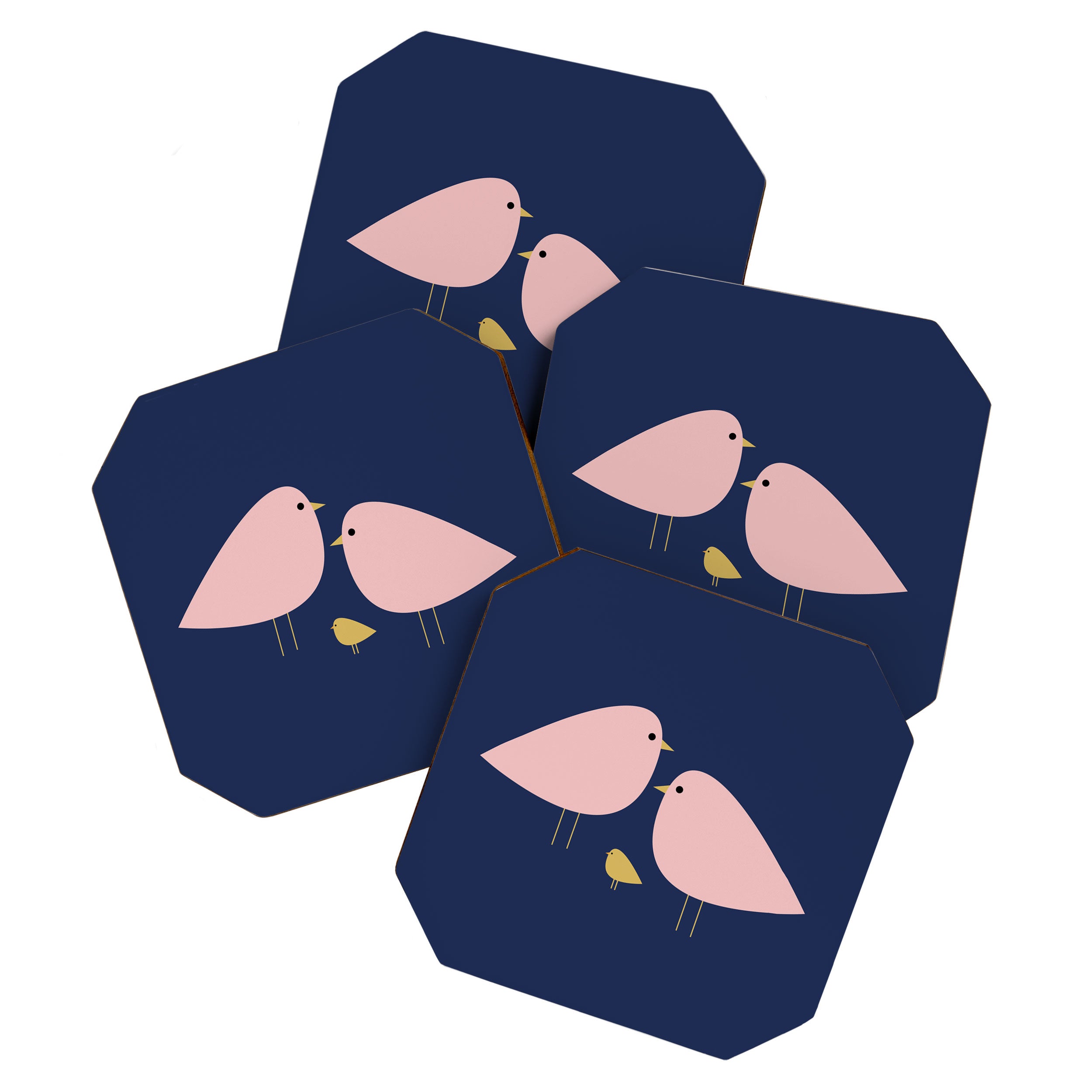 Bird Family in Pink, Navy Blue, and Mustard -  Minimalist Scandinavian Mid-Century Modern Design Coaster Gallery Image 1