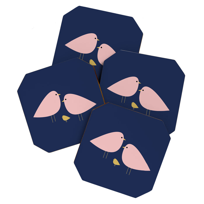 Bird Family in Pink, Navy Blue, and Mustard -  Minimalist Scandinavian Mid-Century Modern Design Coaster Gallery Image 1