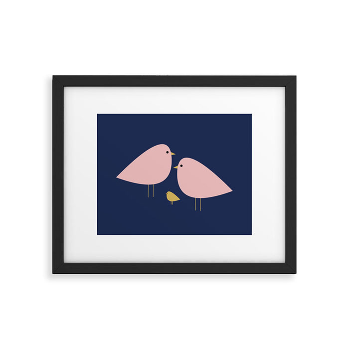 Bird Family in Pink, Navy Blue, and Mustard -  Minimalist Scandinavian Mid-Century Modern Design Framed Art Print Gallery Image 1